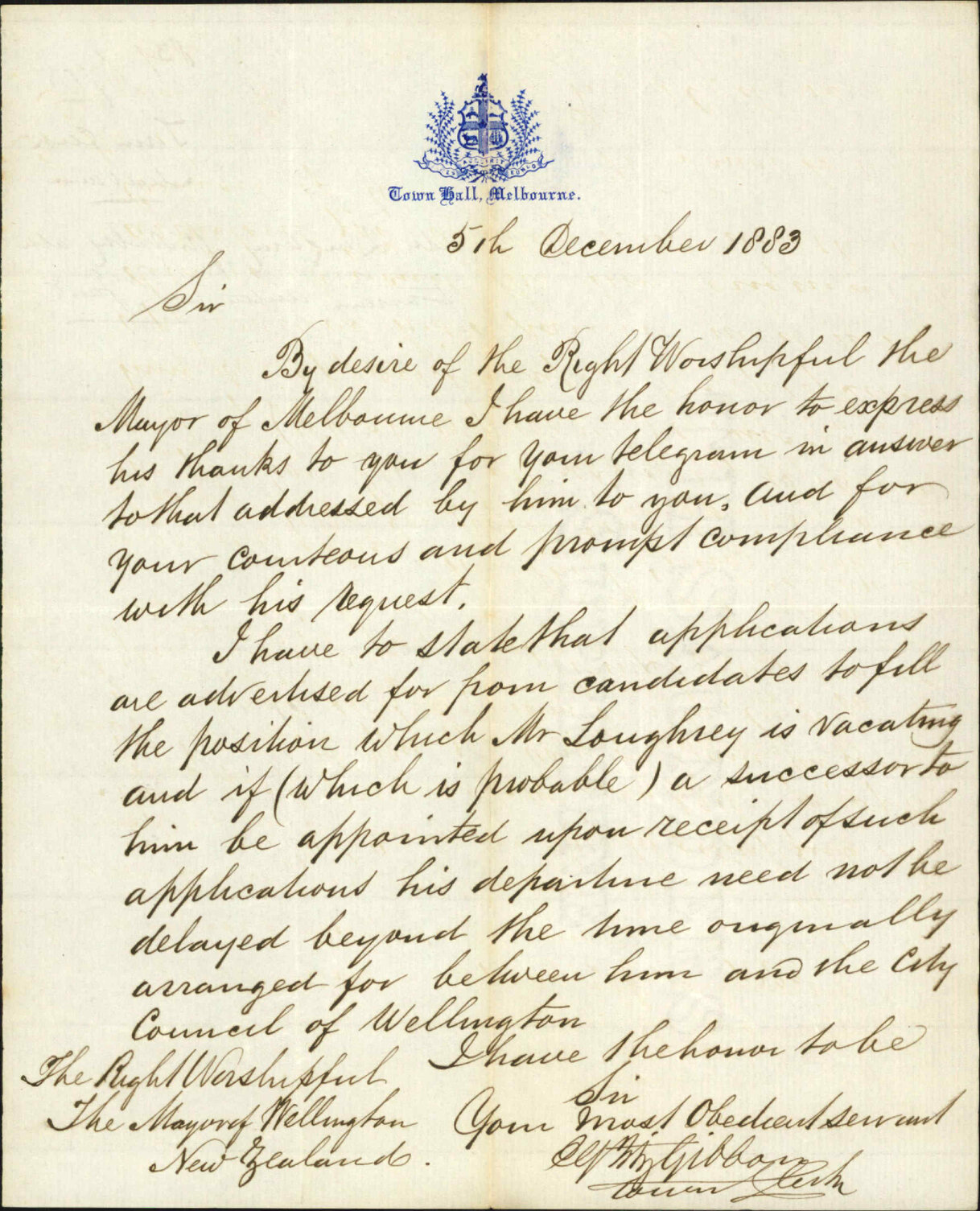 Mr Loughrey probably able to assume duties on 1st Jan - Town Clerk Melbourne