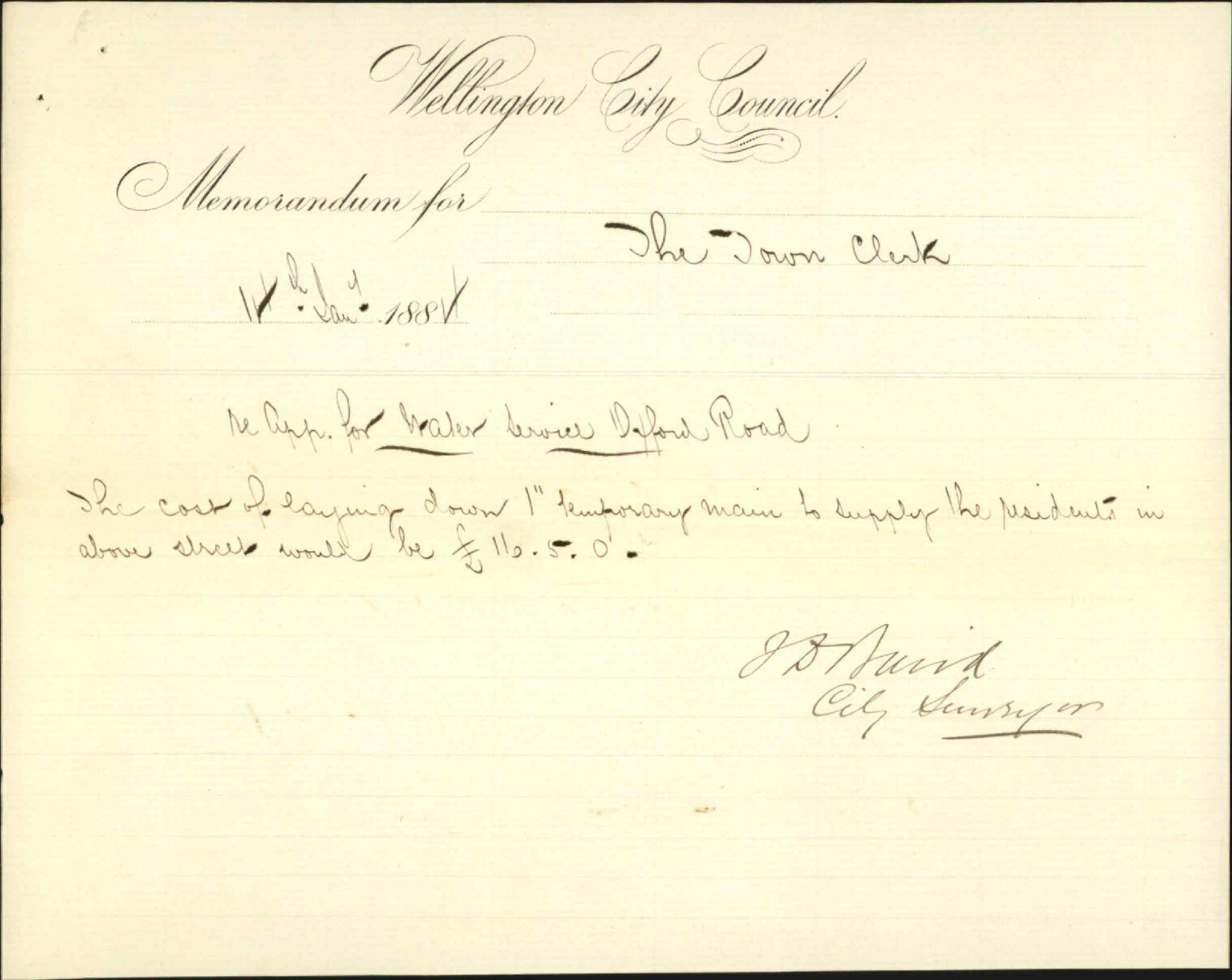Application for water service in Oxford Road - W Tait