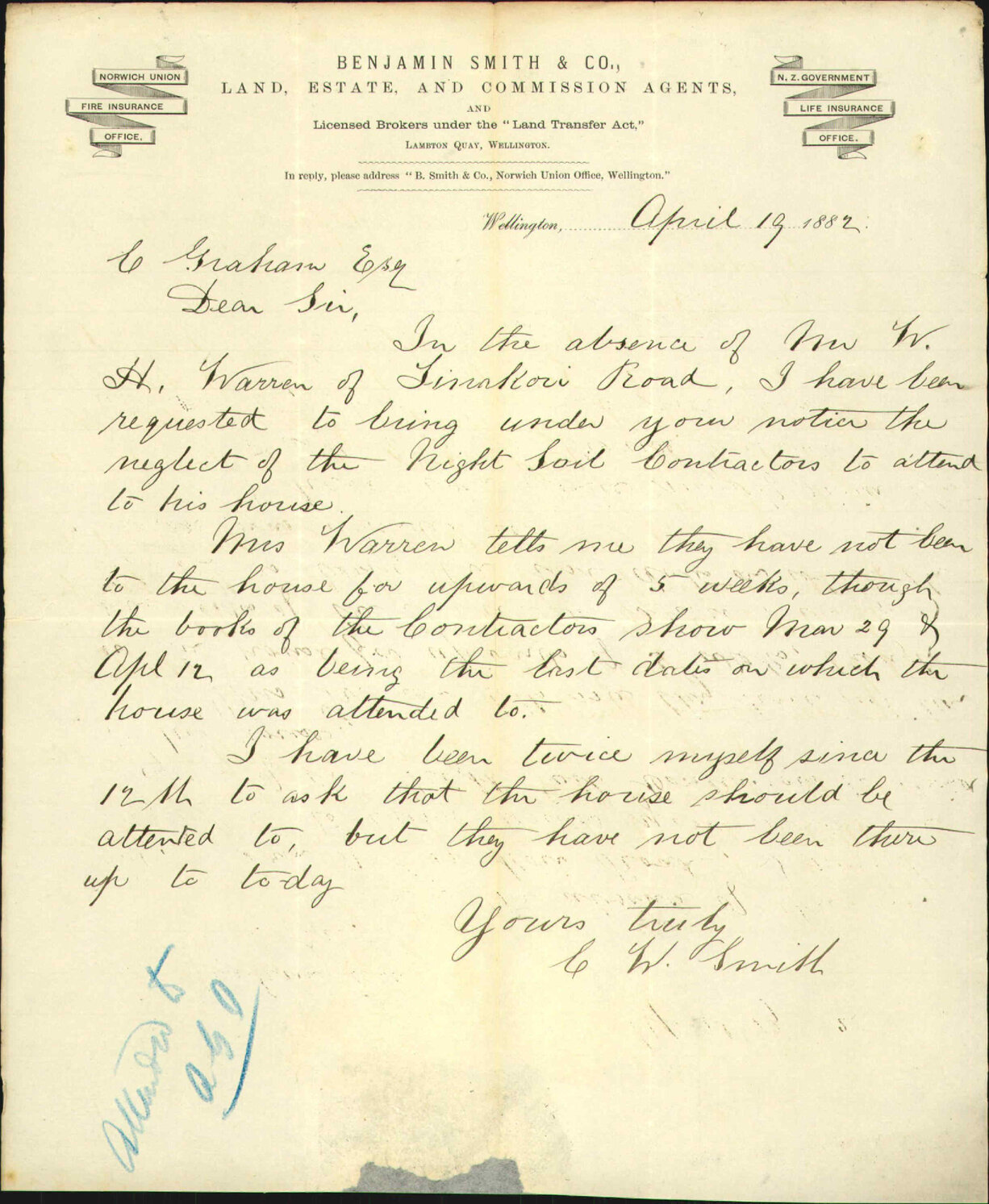 Complaint regarding neglect of Night Soil Contractor - E W Smith