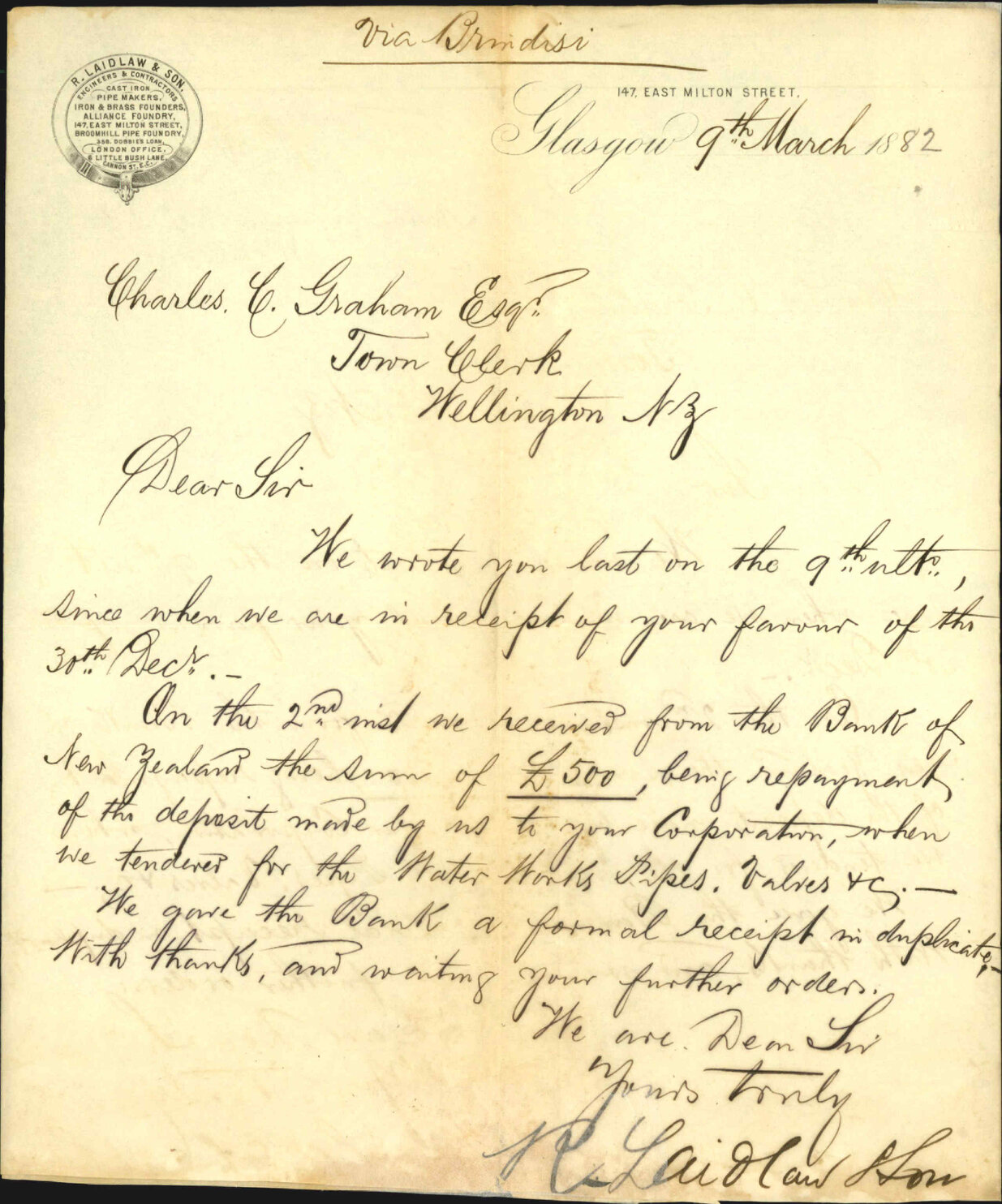 Acknowledging receipt of deposit regarding contract - R Laidlaw &amp; Sons