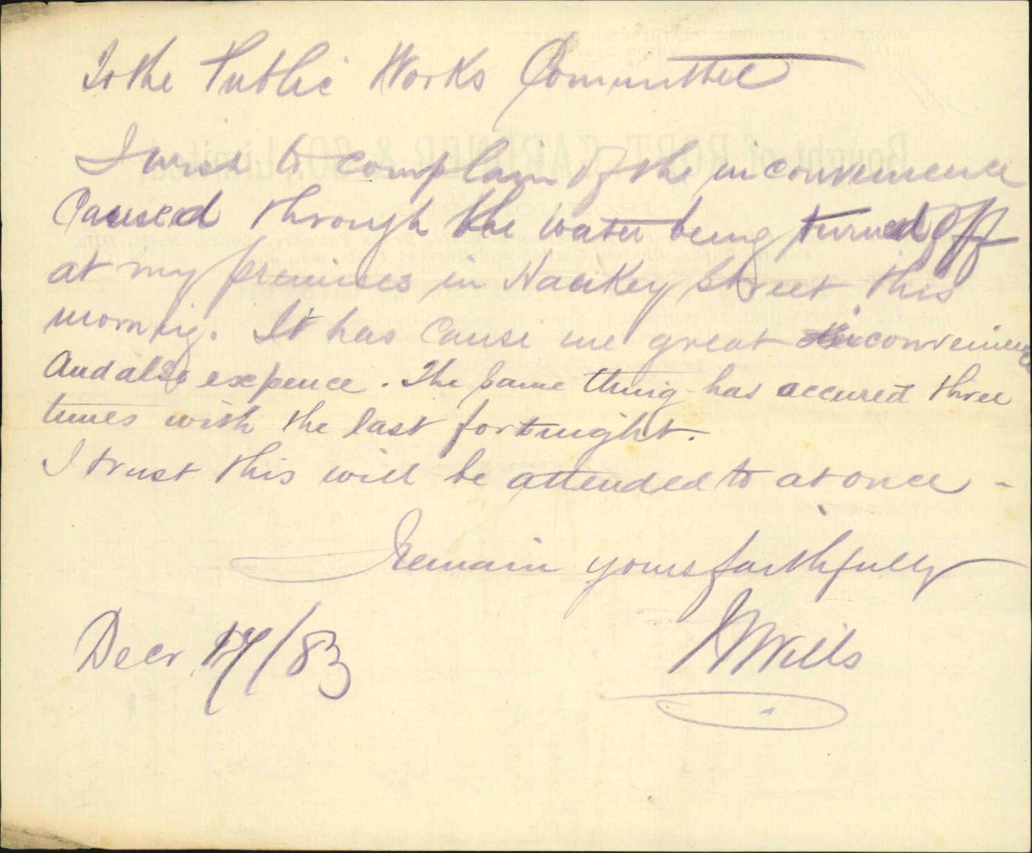 Complaint regarding water supply to Hankey Street - W Wills