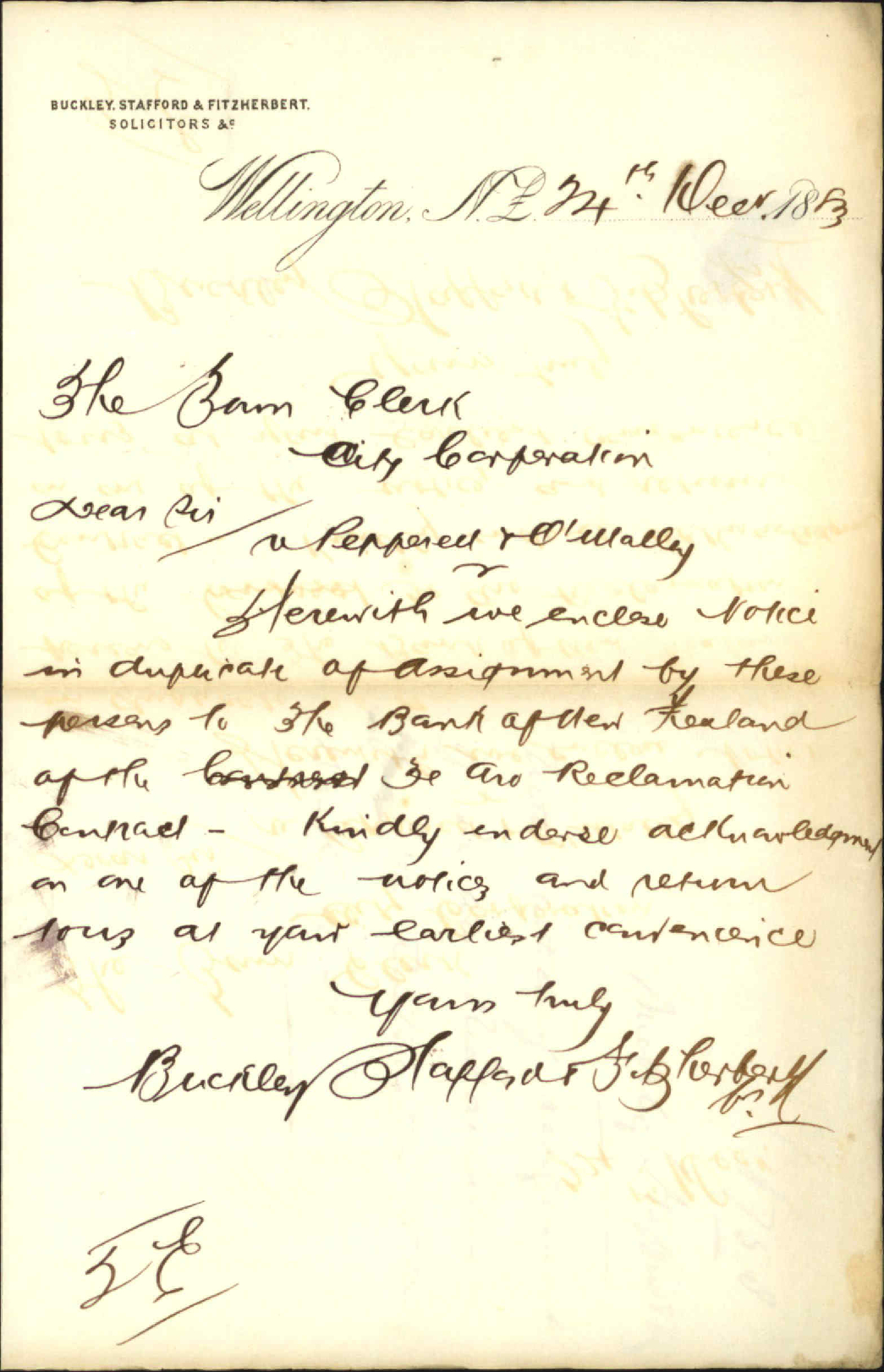 With notice of assignment of Te Aro reclamation for the contractor, to the Bank of New Zealand - Buckley, Stafford &amp; Co