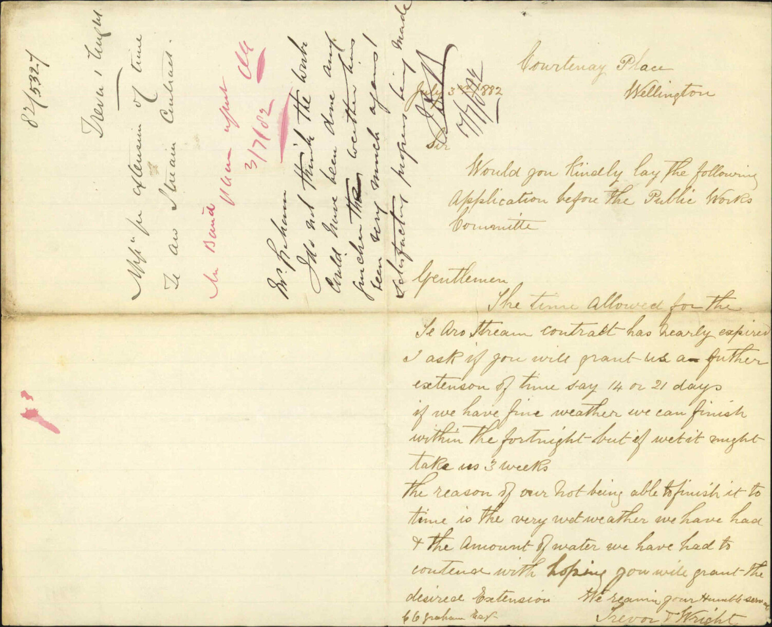 Application for extension of time, Te Aro stream contract - Trevor and Wright
