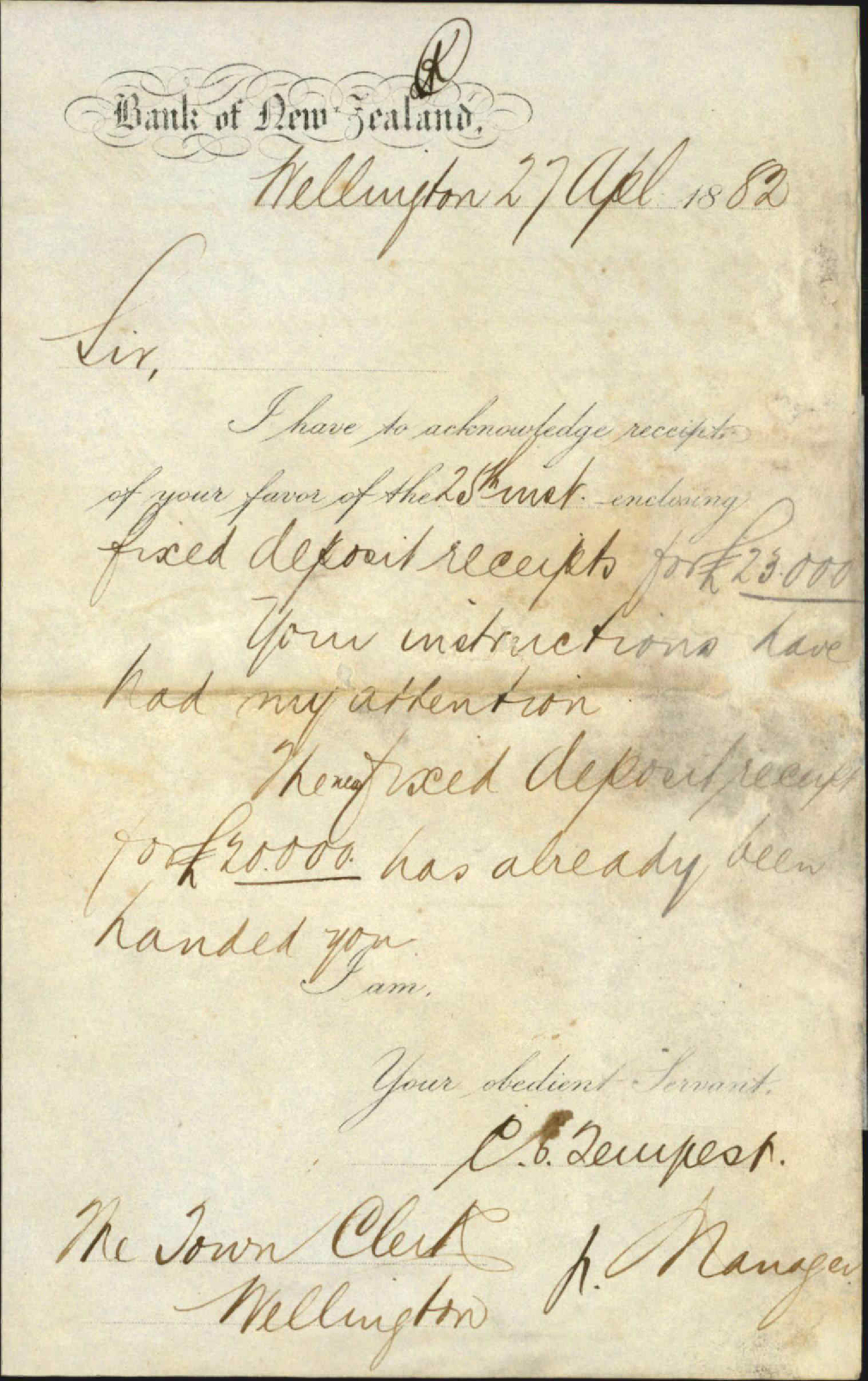 Deposit of &pound;20,000 account, City Loan - Bank of New Zealand