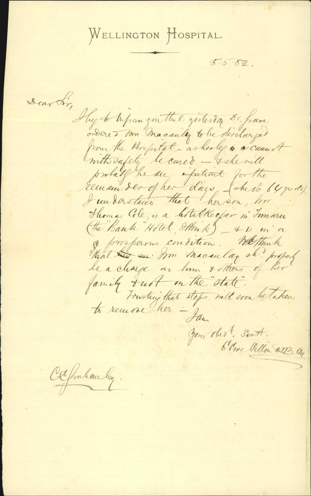 Mrs Macauly, an old patient discharged - Hospital Surgeon