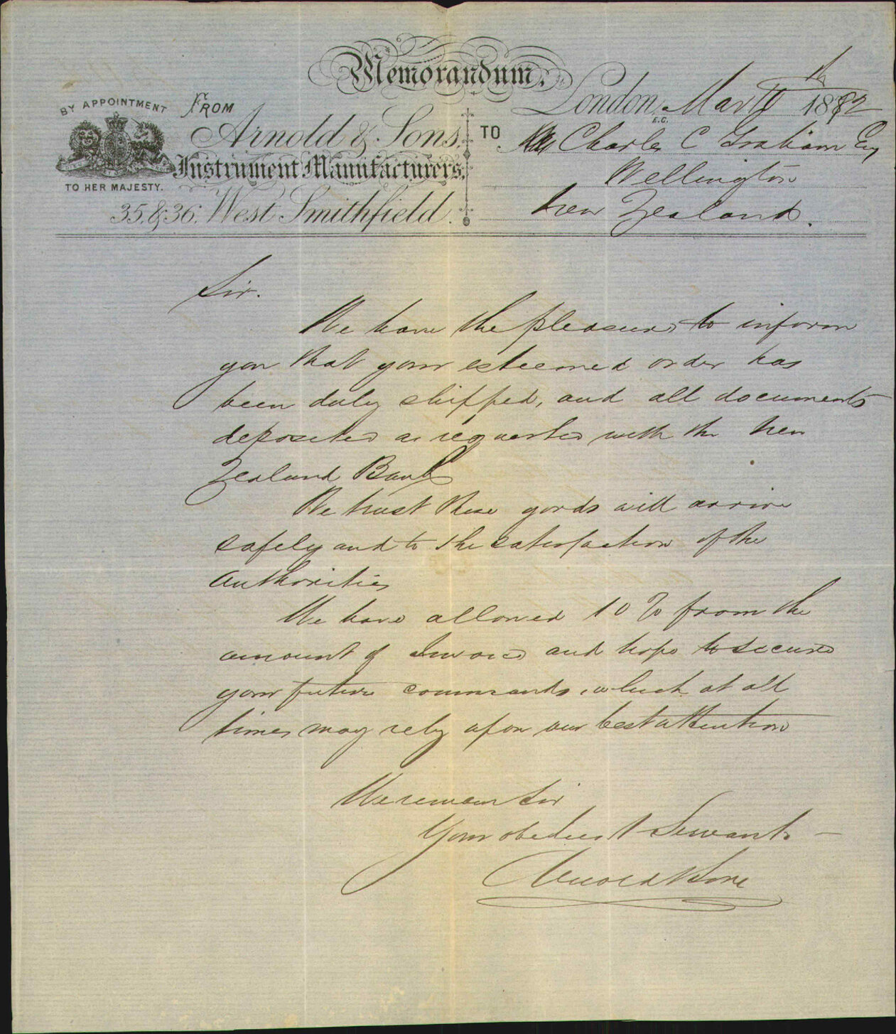 Advising shipment of instruments for hospital - Arnold &amp; sons