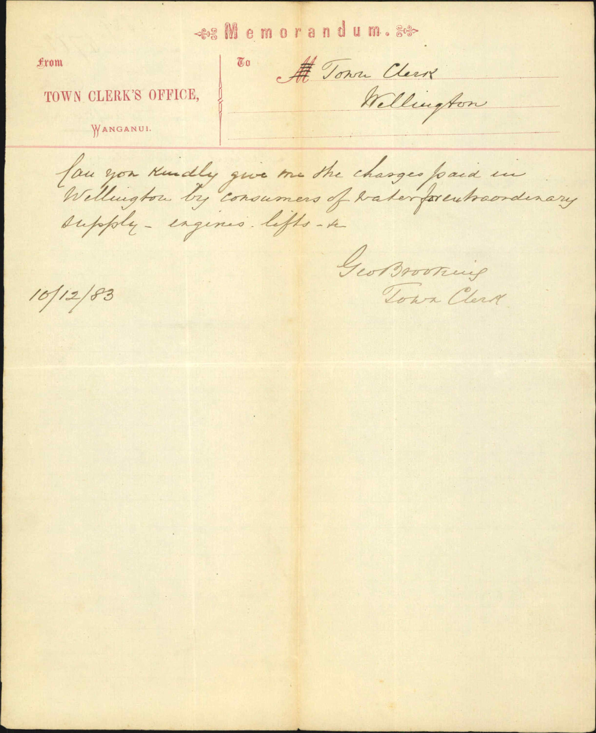 Asking particulars as to charges for water - Town Clerk Wanganui