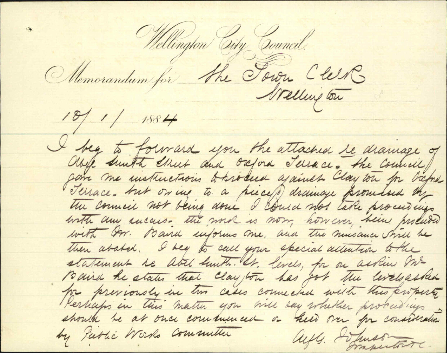 Drainage, Abel Smith St and Oxford Terrace - Inspector of Nuisances and D W Clayton