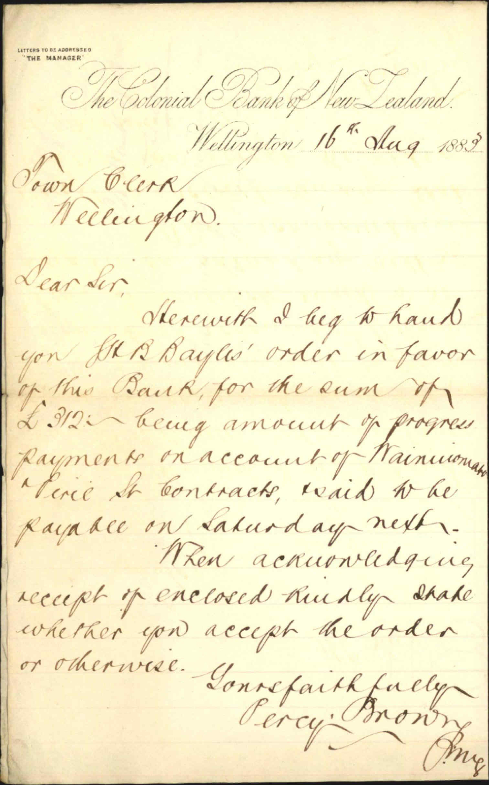 With order for payment in account of G H Baylis - Colonial Bank of New Zealand