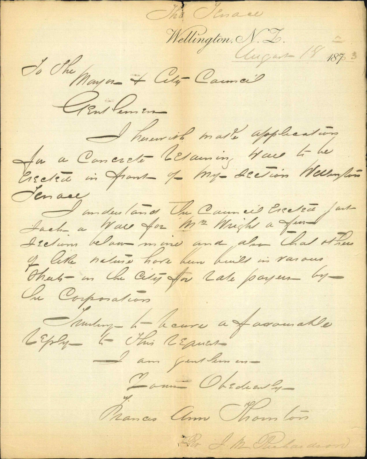 Application for concrete retaining wall to her premises on The Terrace - Francis Ann Thornton