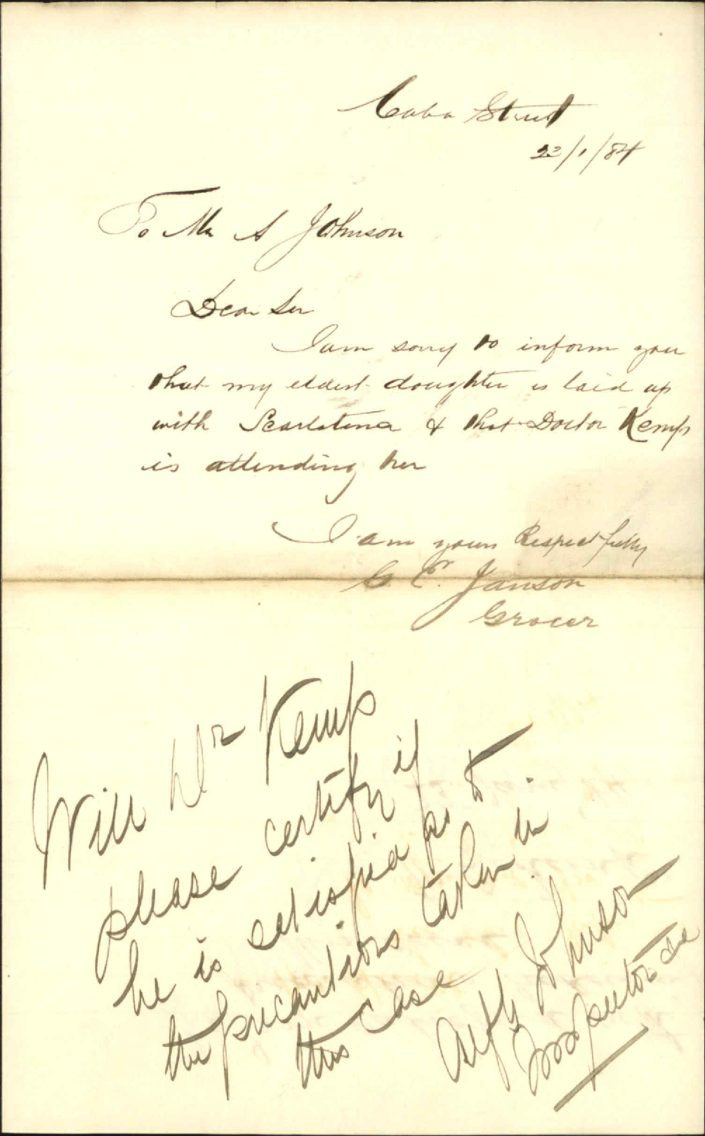 Sending letter from Jansen regarding Scarletina - Inspector of Nuisances