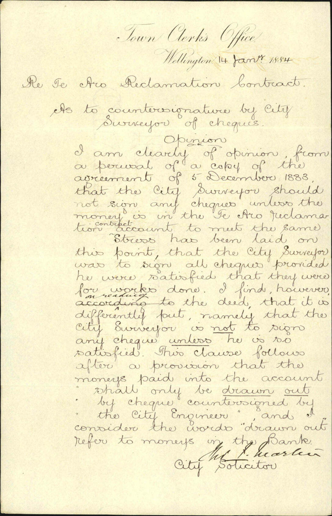 Opinion regarding Surveyor signing cheques, Te Aro reclamation contract - City Solicitor