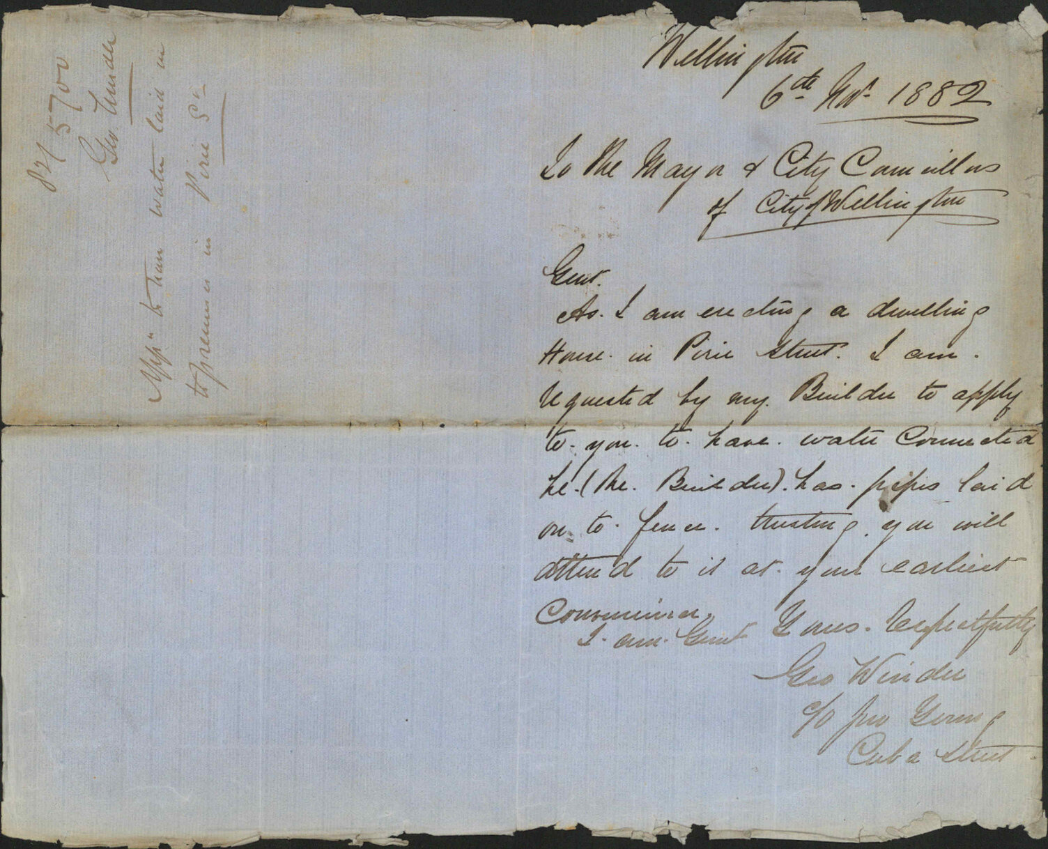 Application to have water supply laid in to his premises in Pirie Street - George Windin