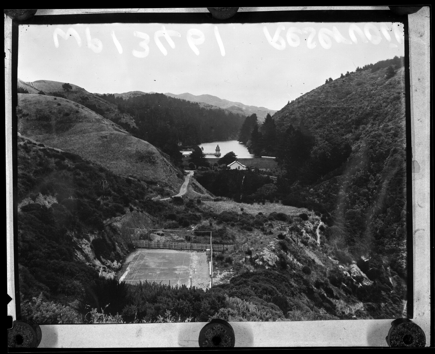 Looking down gully to Karori Reservoir and tower