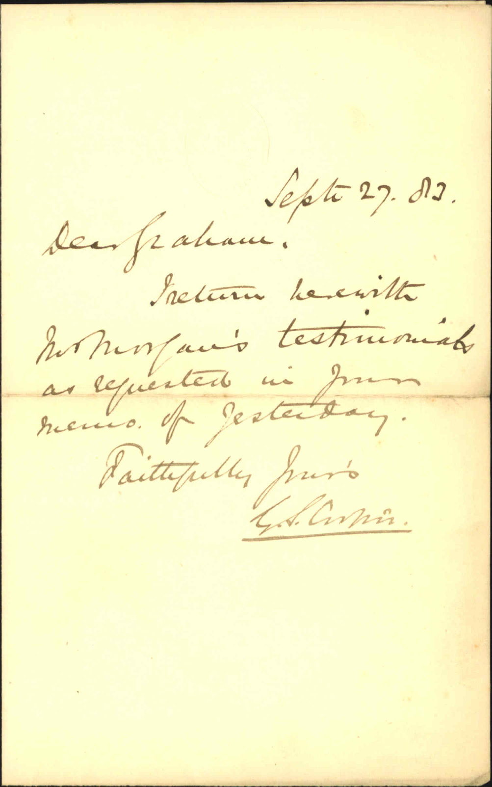 Forwarding J H Morgans testimonials - Colonial Secretary