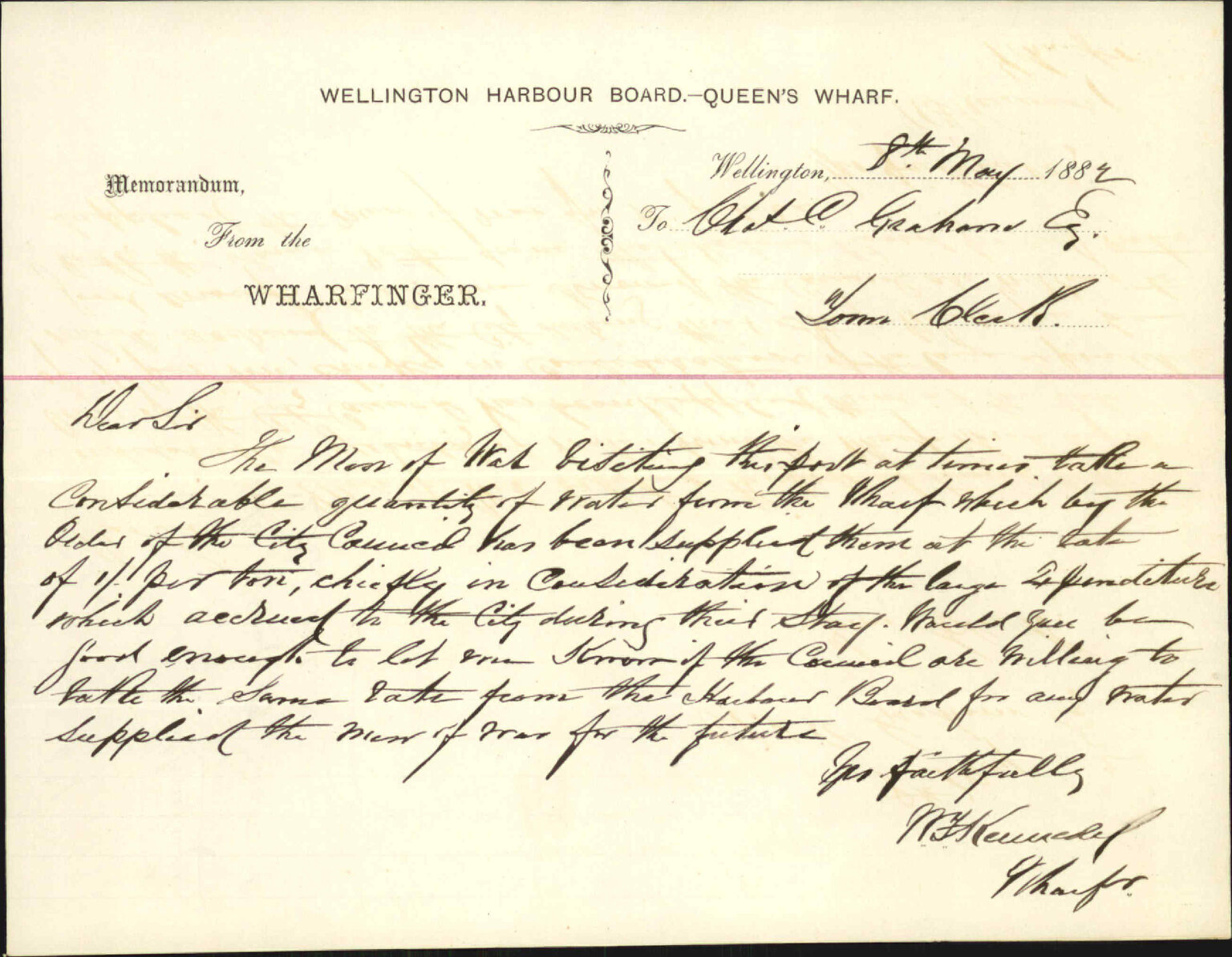 Charge for water to Man of War - Wharfinger