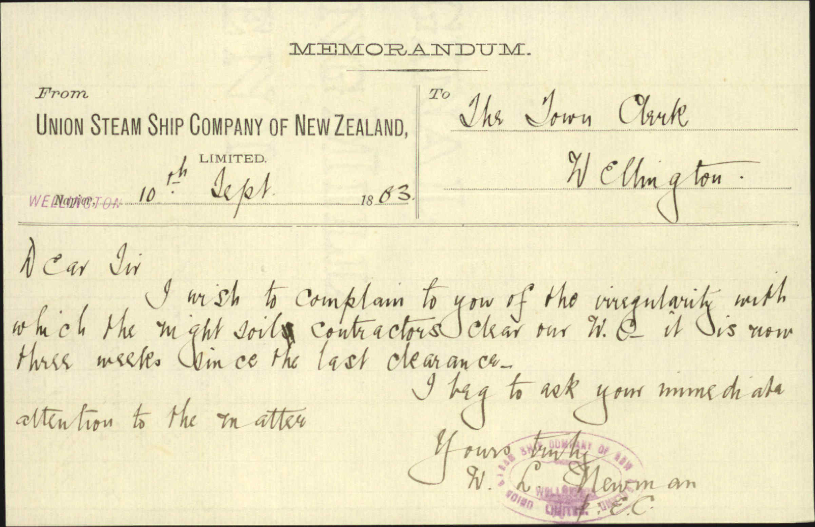 Complaint regarding night soil contractor - Union Steam Ship Company