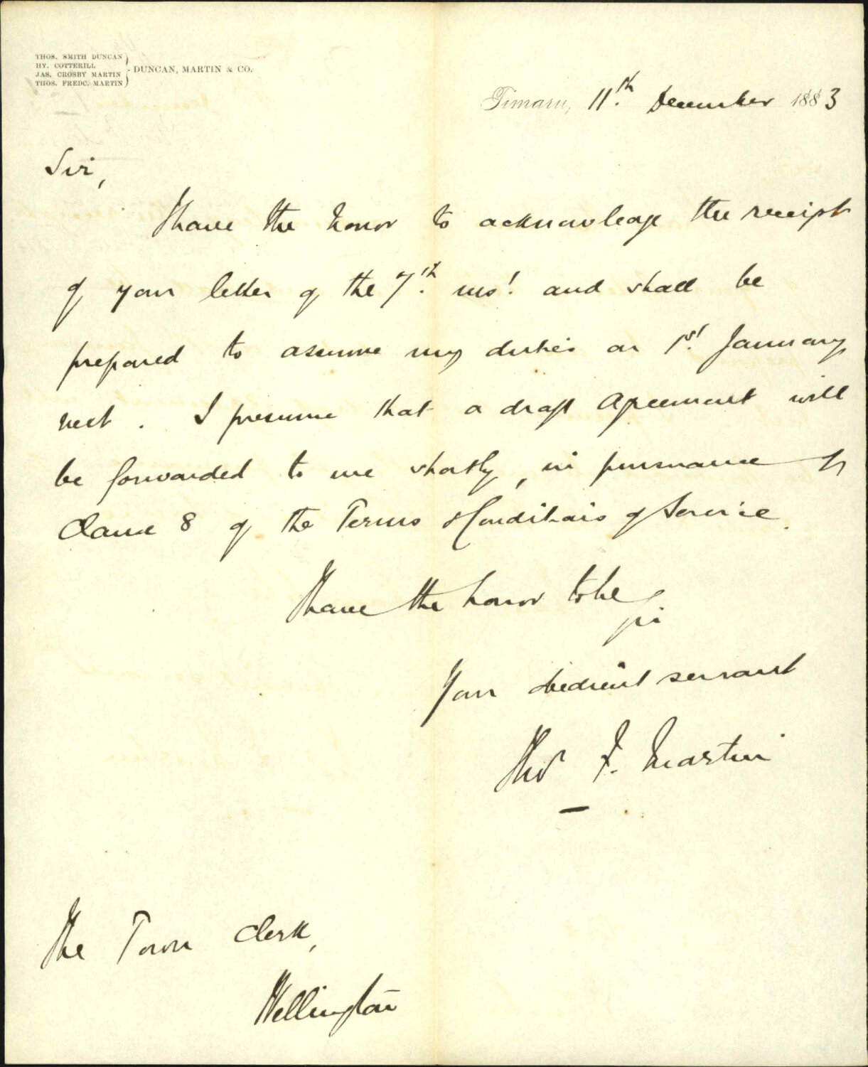 To assume his dates as Town Clerk, 1 Jan 1884 - Thomas F Martin