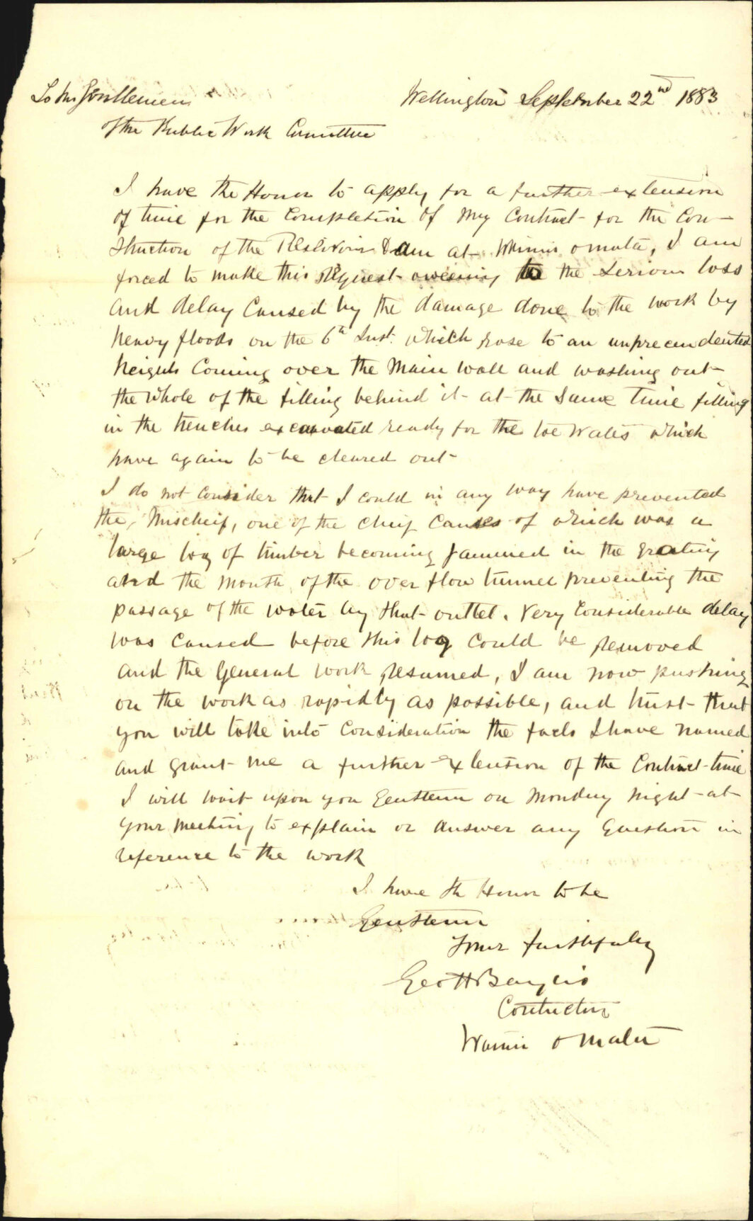Asking for further extension of time, dam contract - G H Baylis