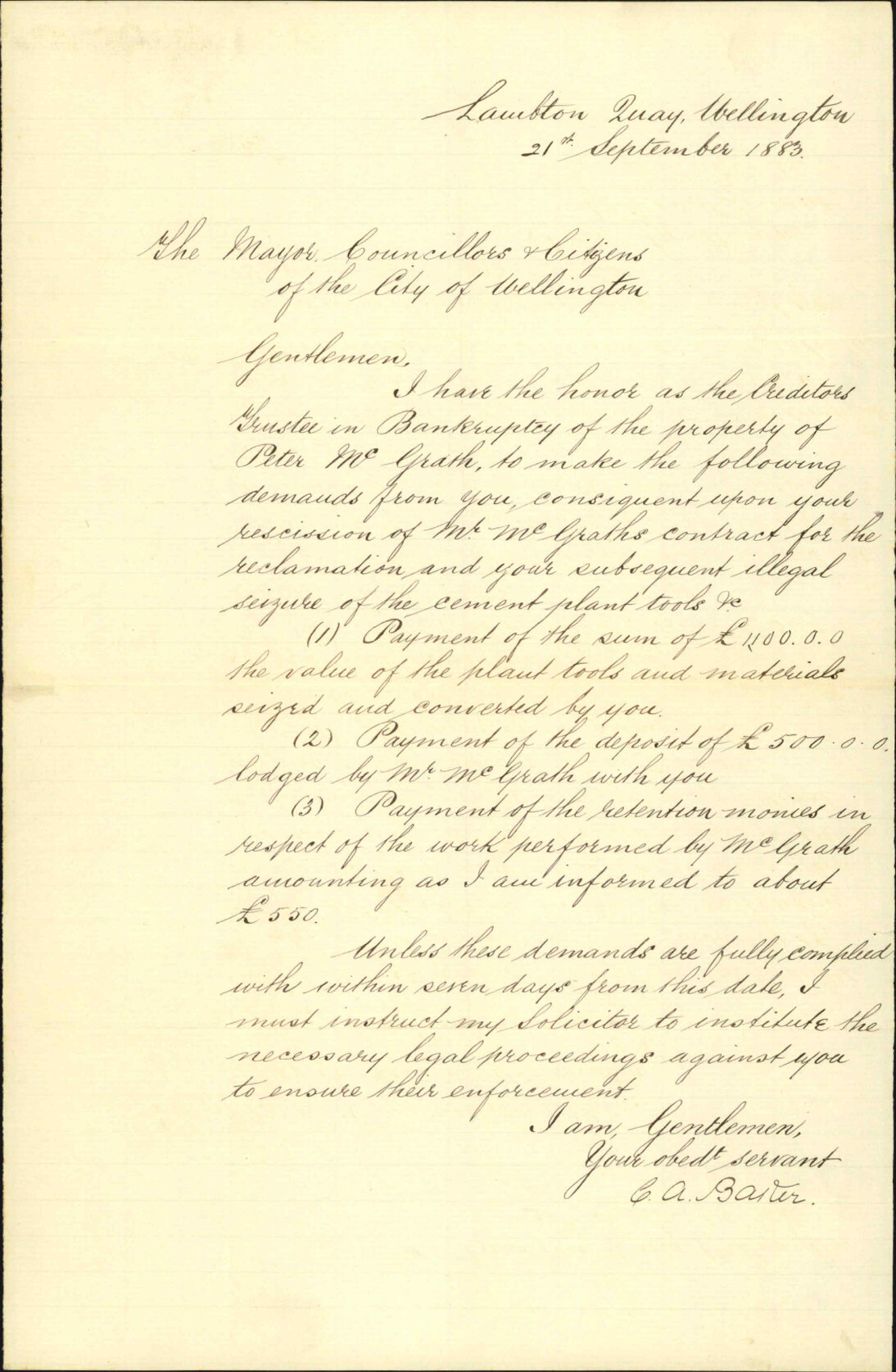 Claiming Te Aro Reclamation plant in account of McGraths Estate - C A Baker