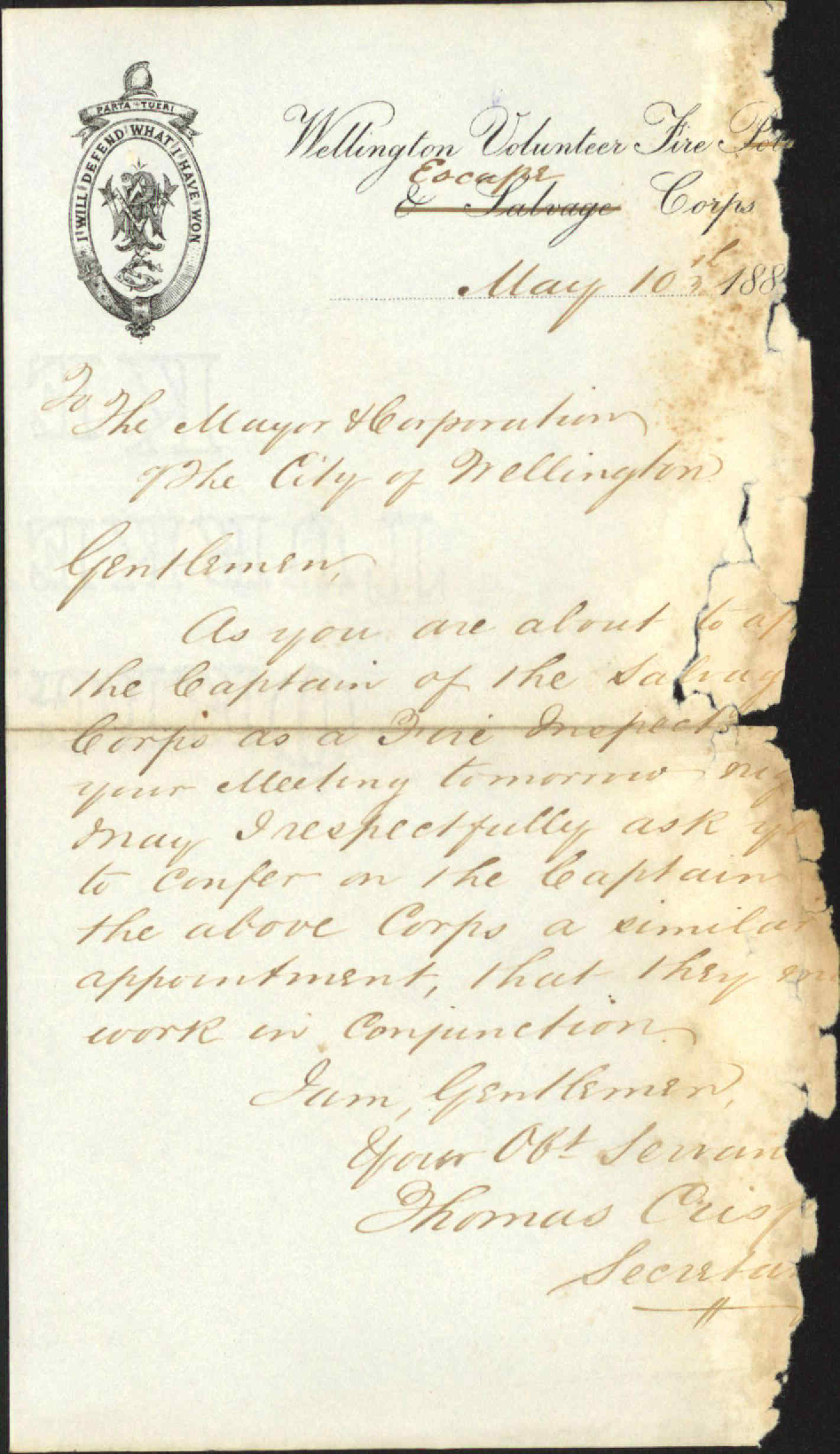 Asking for Captain to be appointed Fire Inspector, Wellington Volunteer Fire Escape Corps