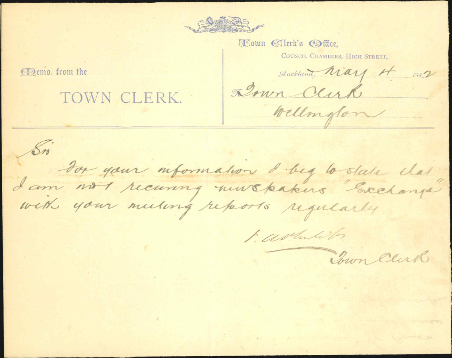 Exchange of Municipal Reports - Town Clerk Auckland