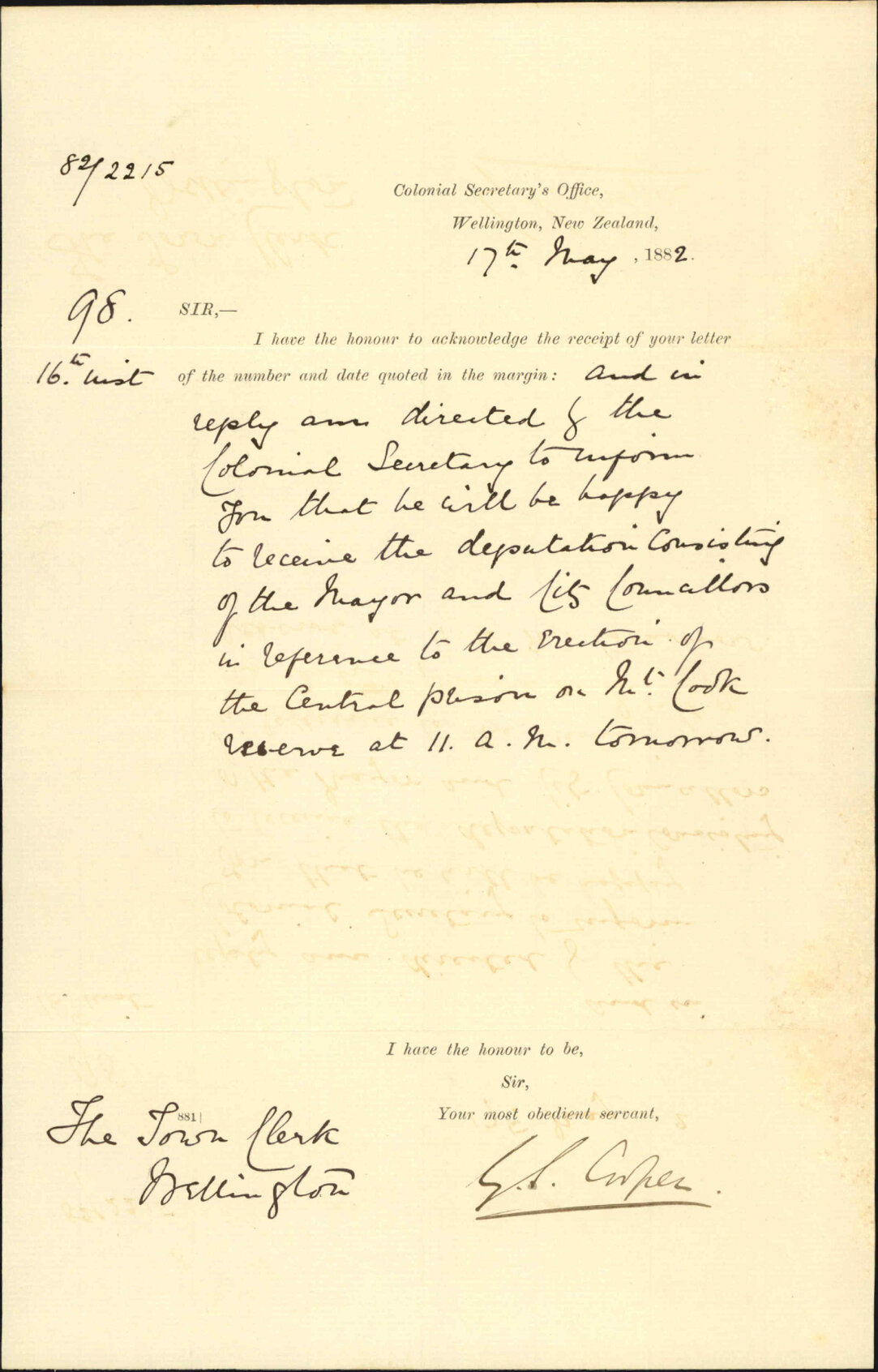 To receive the deputation at the Mount Cook Reserve - Colonial Secretary