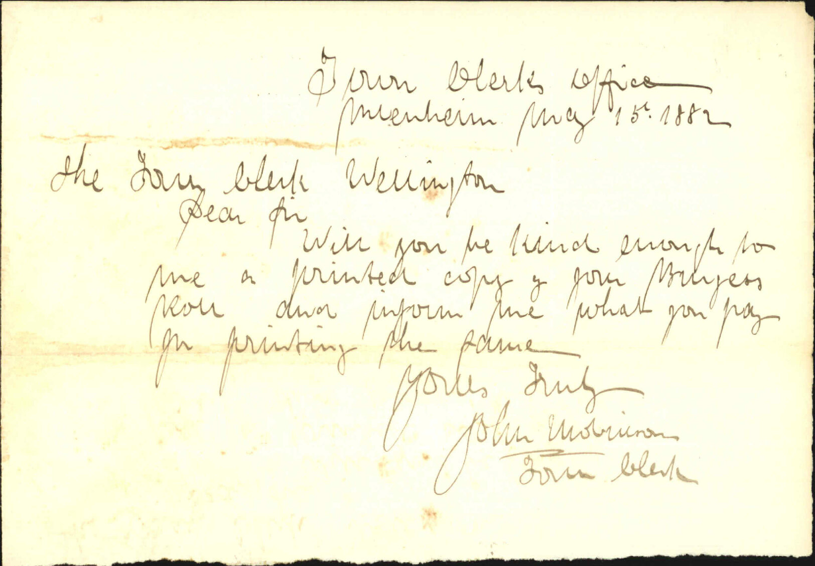 Asking for particulars regarding Burgess roll - Town clerk Blenheim