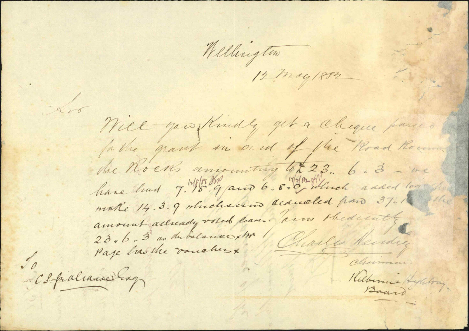 Application for balance of grant in aid of Evans Bay road - Kilbirnie Highway Board