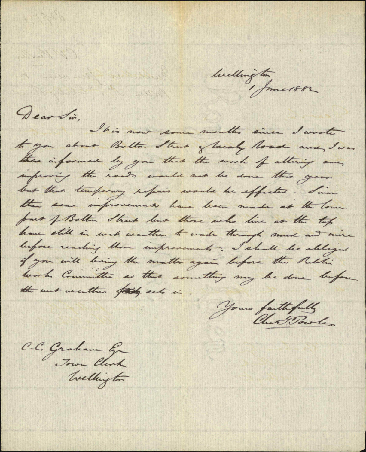 Further regarding formation to Bolton Street, Wesley Road - C P Powles