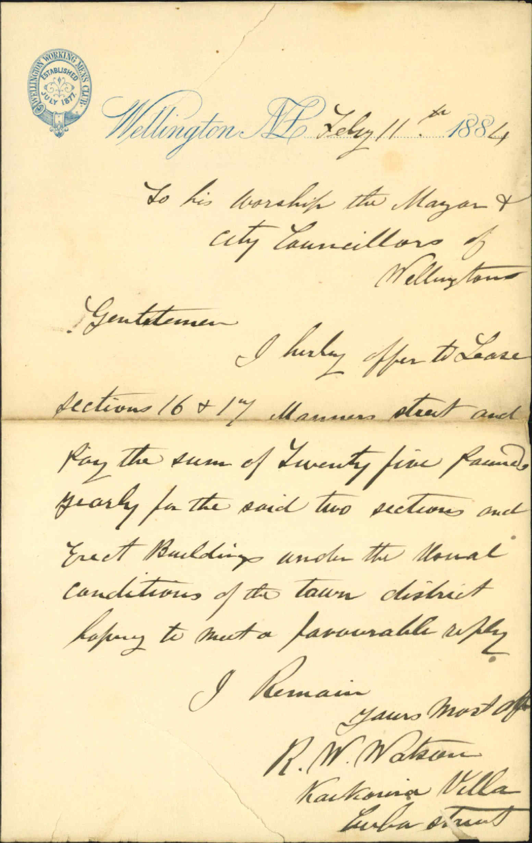Offer to lease sections 16 and 17 Market Hall reserve [Manners Street] - R W Watson, Working Mens Club