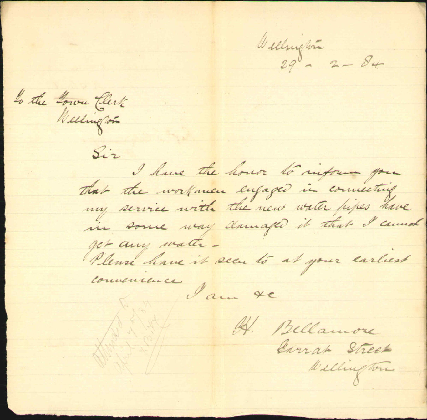 Cannot get water at Garrett Street - H Bellamore