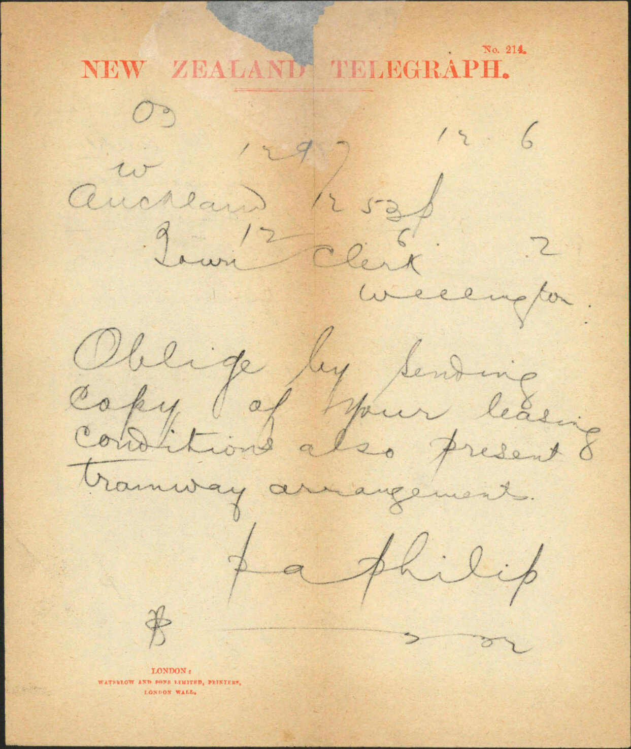Corporation leases and Tramway conditions - Town Clerk Auckland