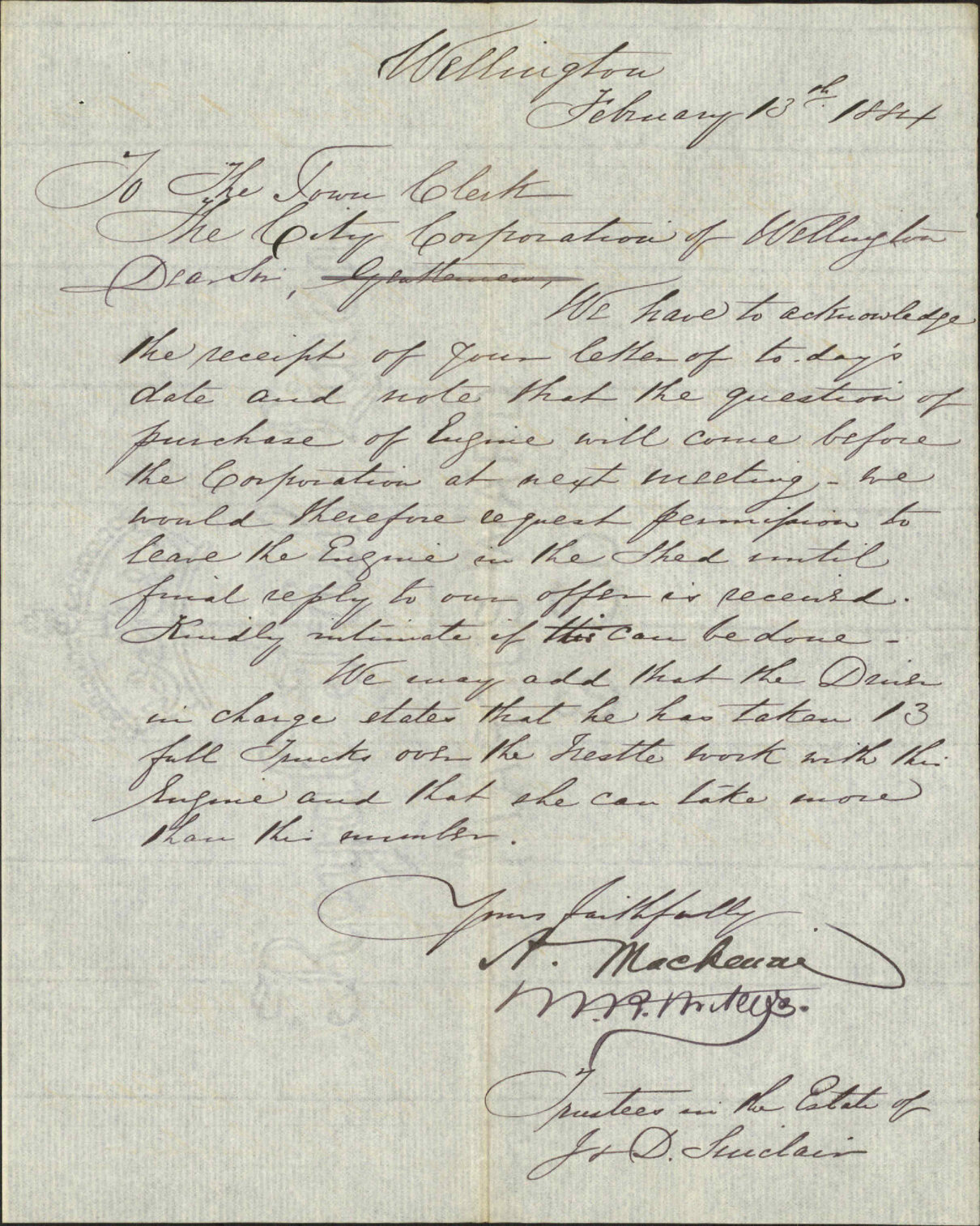 Further regarding sale of engine - Mackenzie, Trustee of the estate of J and D Sinclair