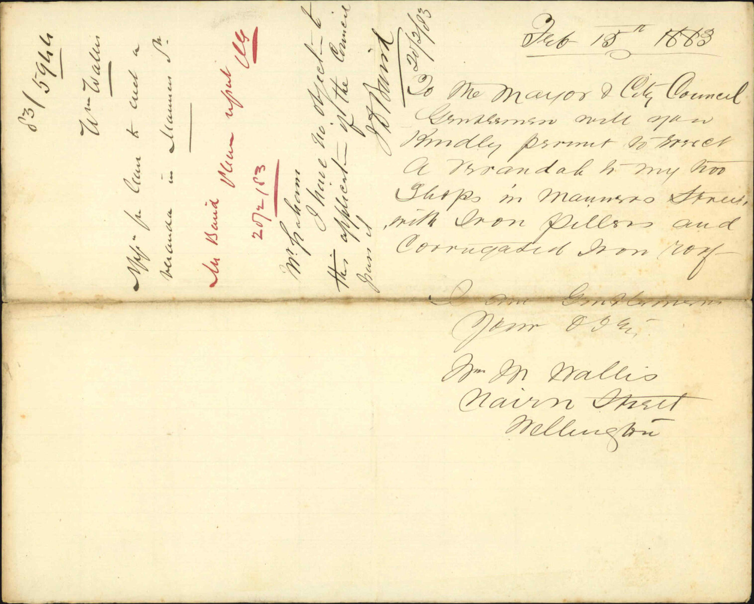 Application for leave to erect a veranda in Manners Street - William Wallis