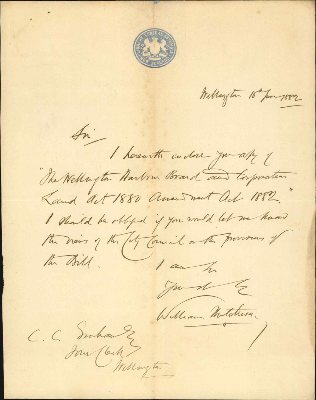 With copy of Wellington Harbour Board and Corporation Land Act, amended 1882 - W Hutchison
