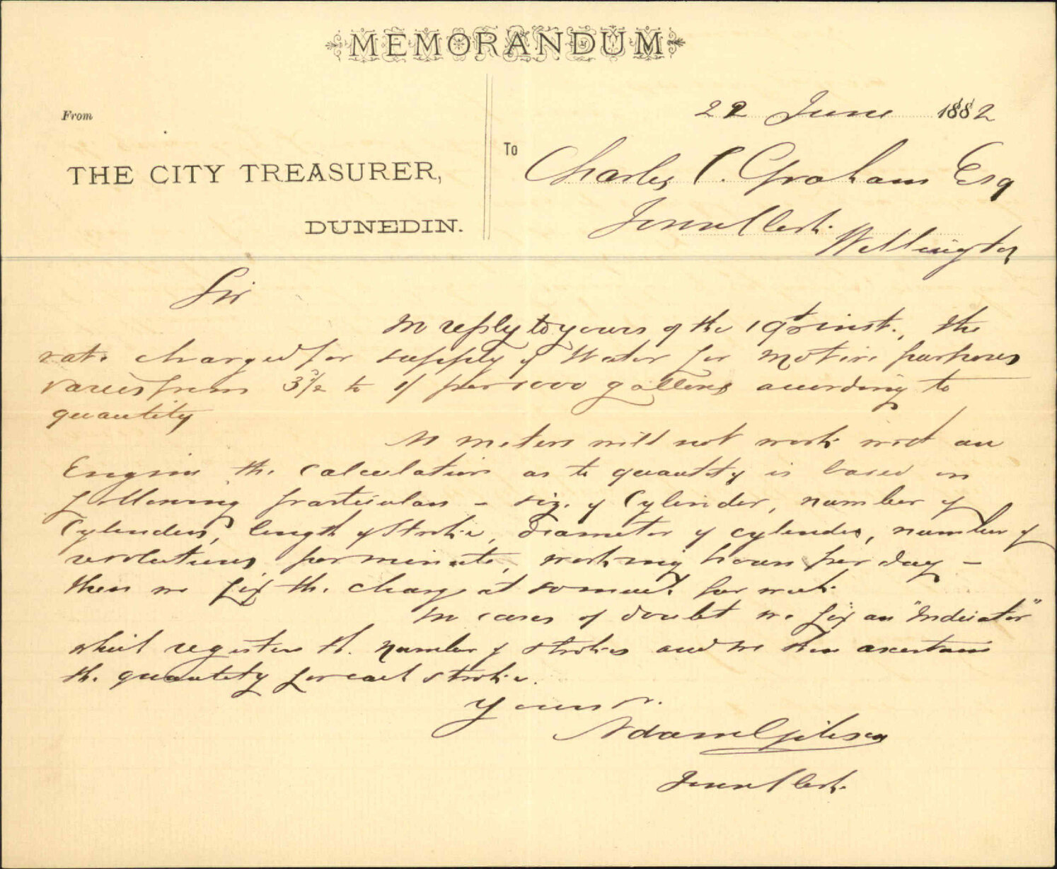 Water supply for motive power - Town Clerk Dunedin