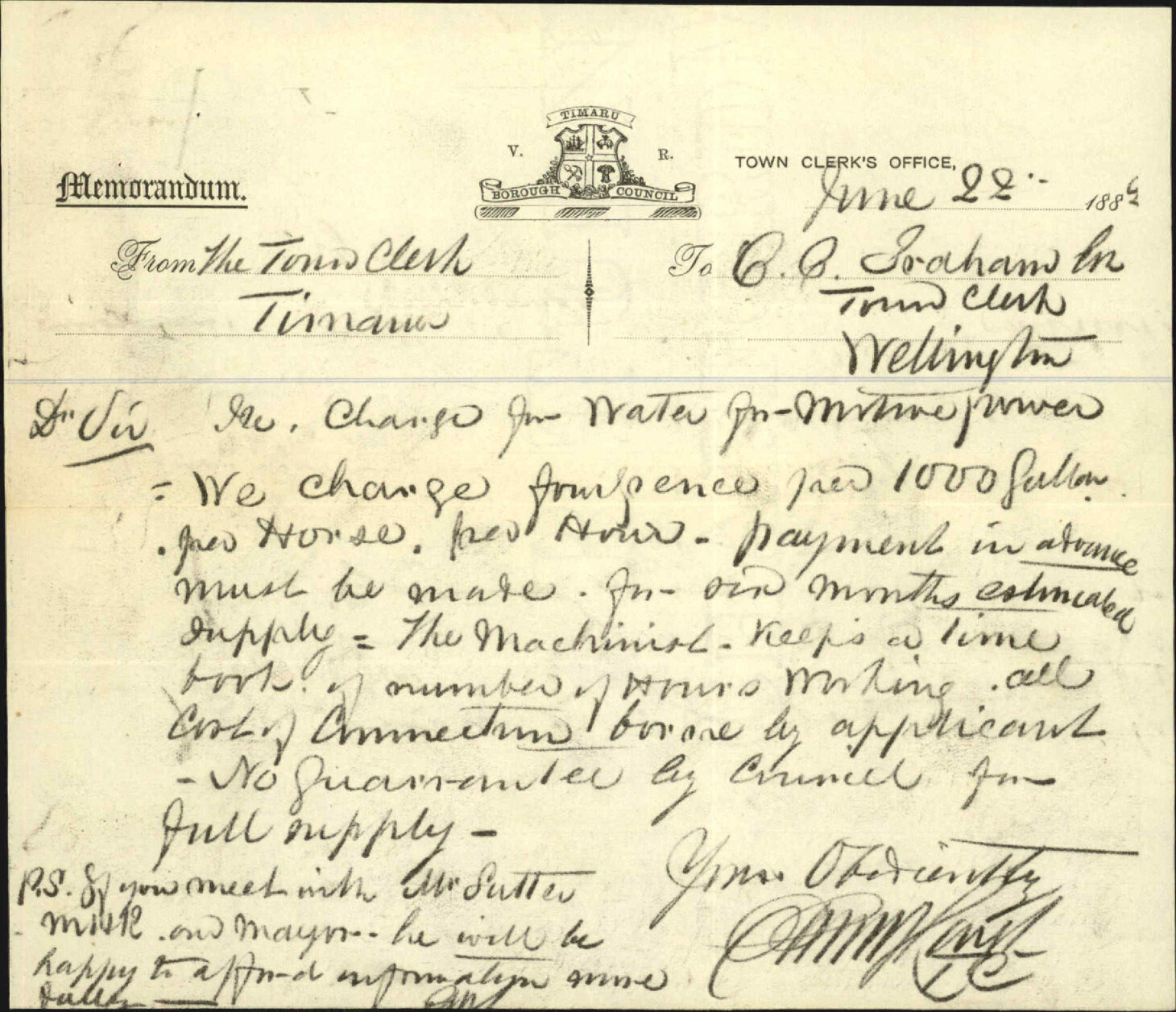 Water supply for motive power - Town Clerk Timaru