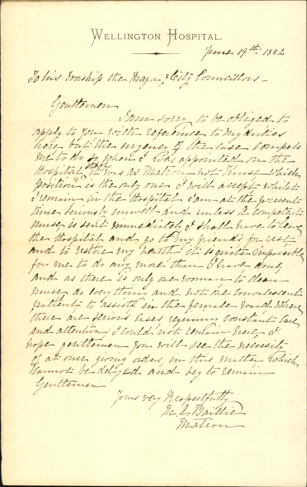 Unable to carry on her duties, ill health - Mrs Baillie [Hospital Matron]