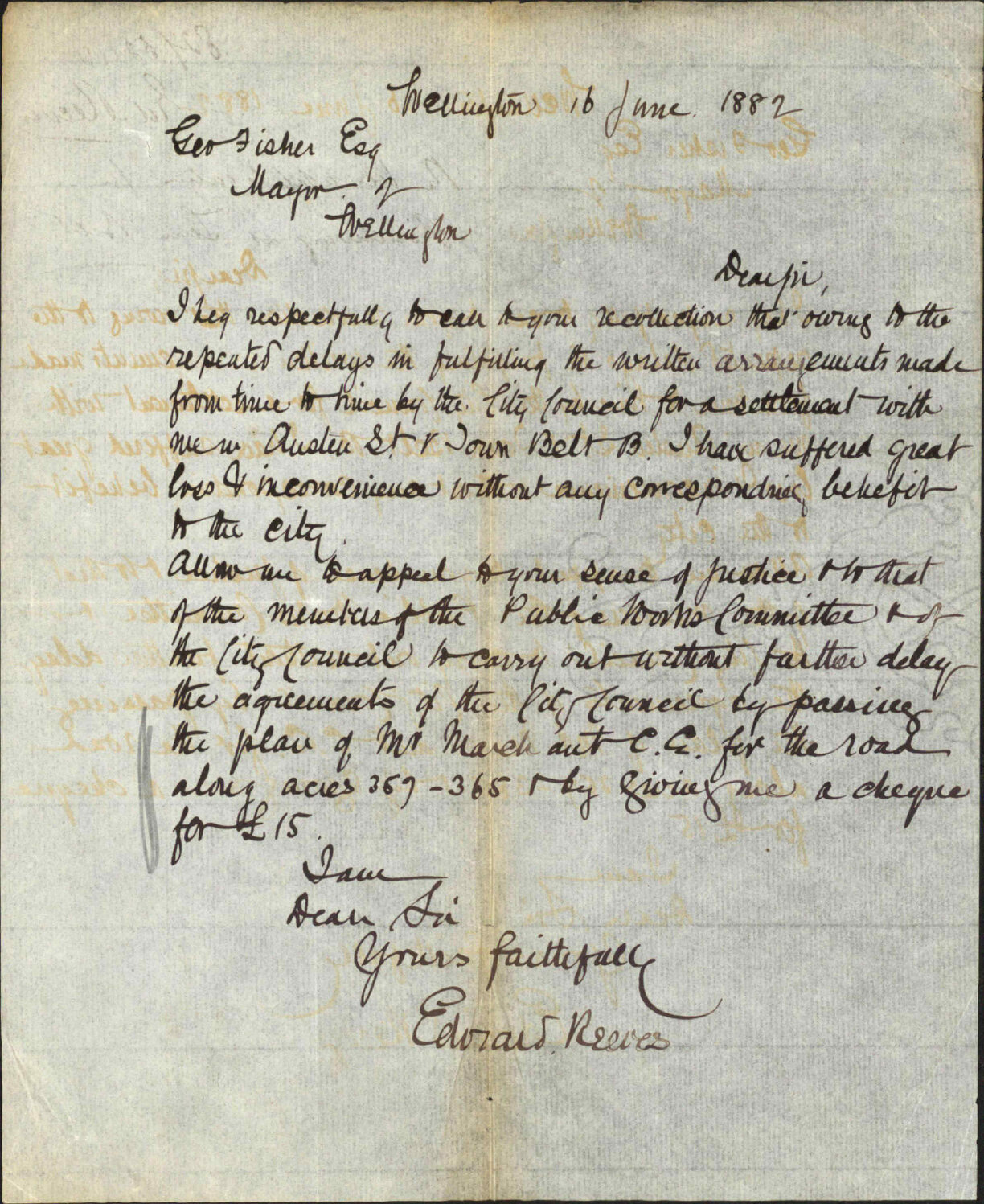 His application for roadway at Town Belt - Edward Reeves