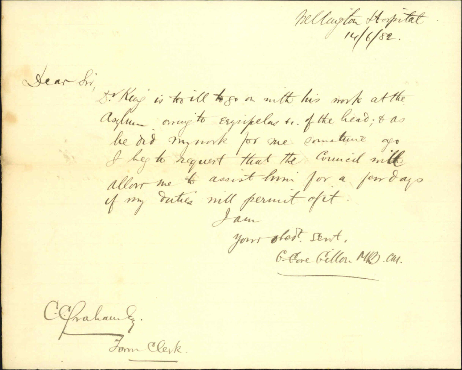 Asking leave to undertake duties at Lunatic Asylum - Resident Surgeon Hospital