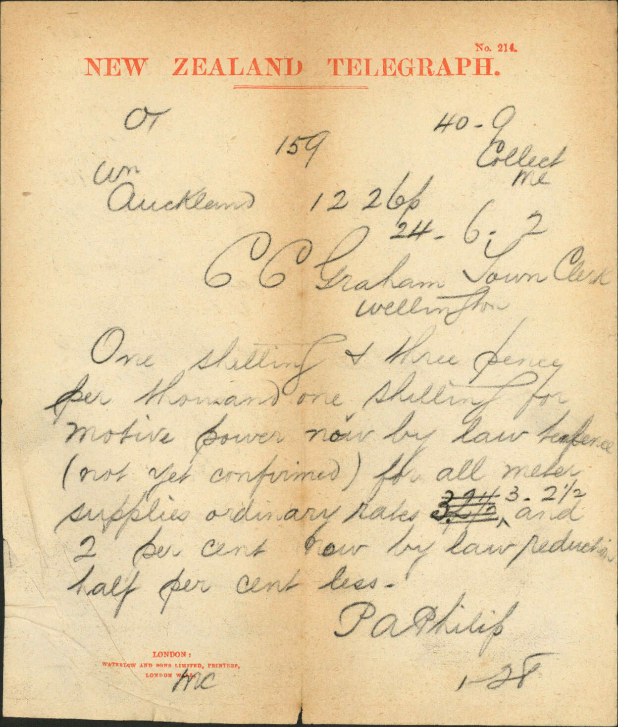 Water supply for motive power - Town Clerk Auckland