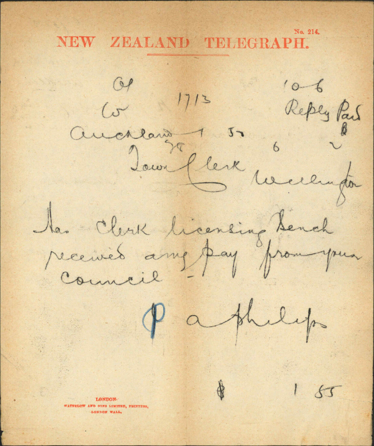 Payment of Clerk to Licensing Committee - Town Clerk Auckland