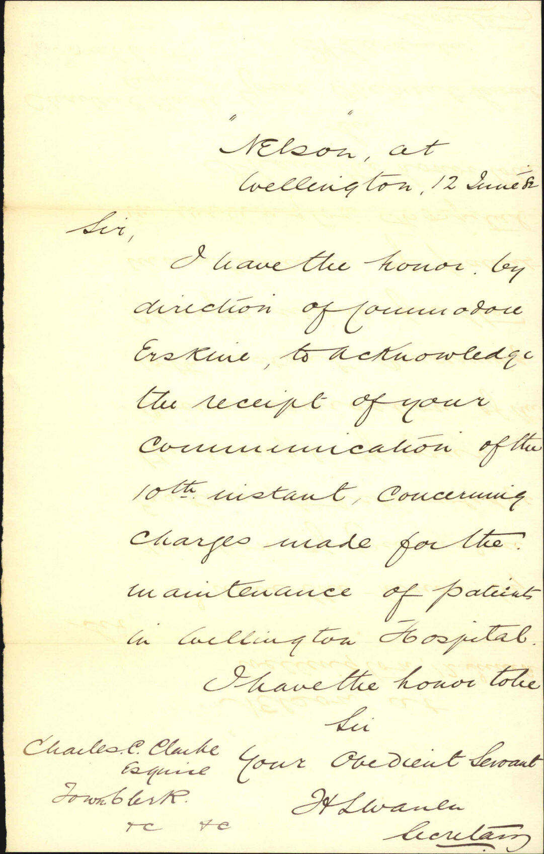 Charge for maintenance of sailors in hospital - Commodore Erskine