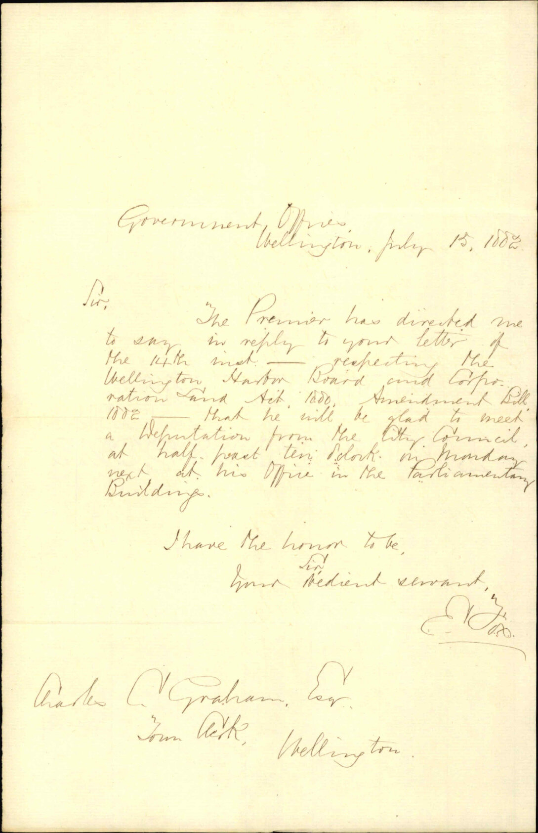 Application for deputation to meet him regarding Plimmer Reeves Bill - Premier