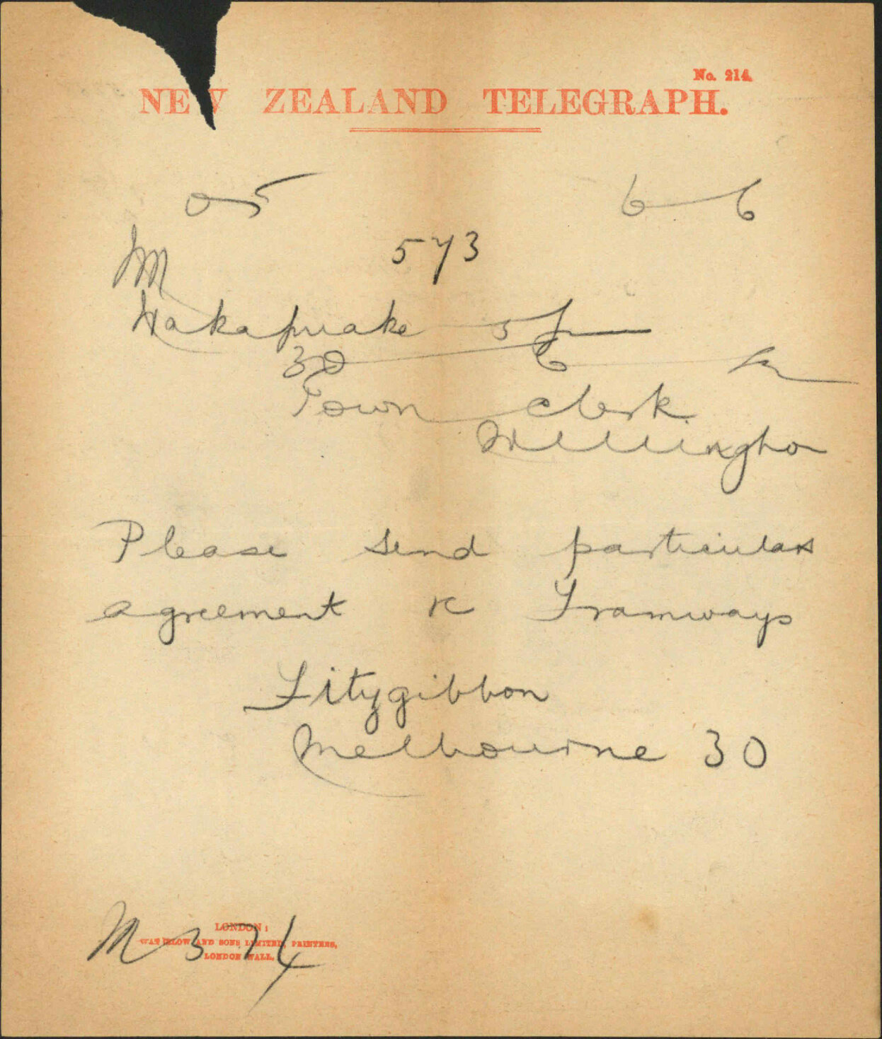 Asking for particulars regarding City Tramways - Town Clerk Melbourne