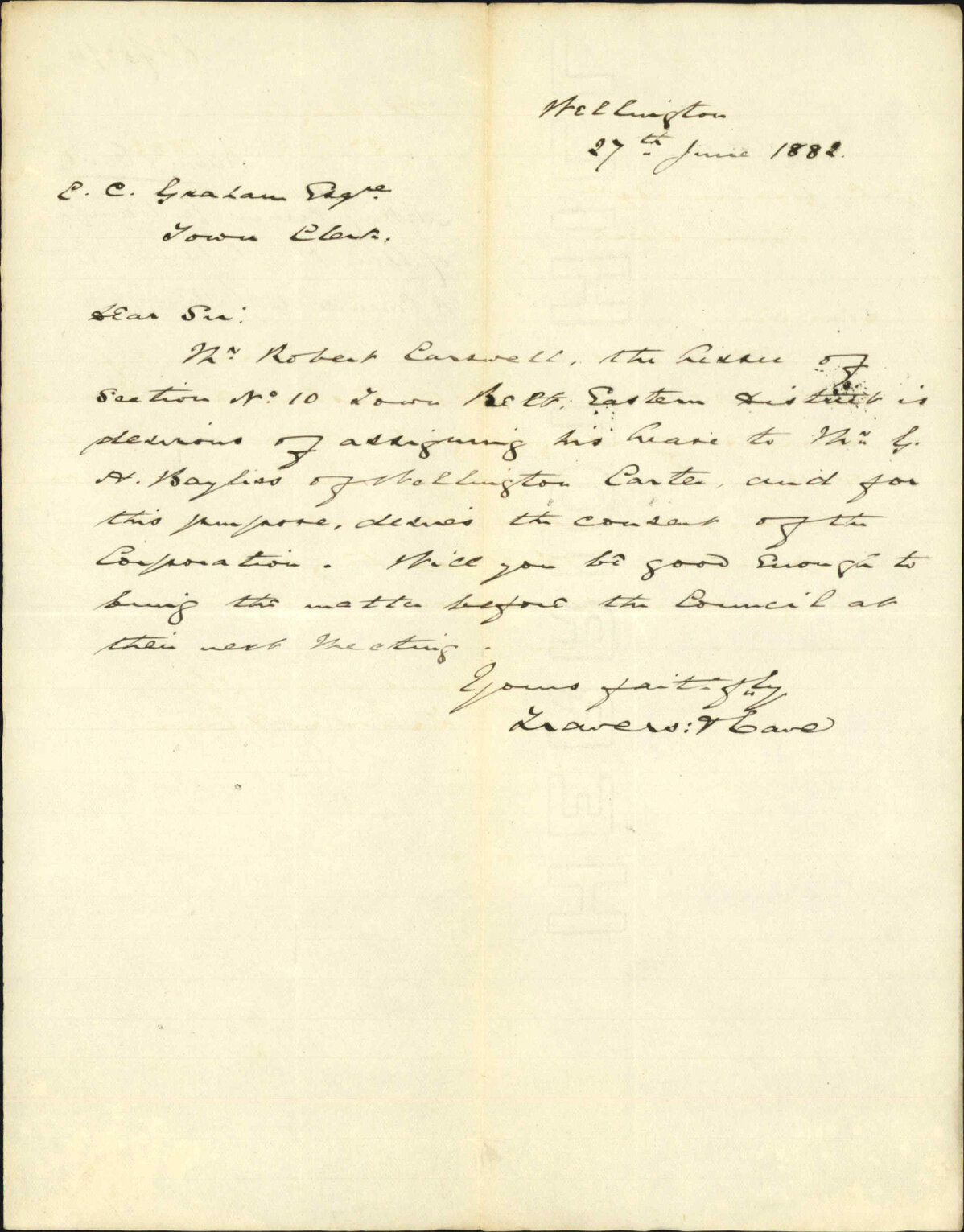 Asking consent for transfer of loan of Town Belt Reserve from R Carswell to G H Baylis - Travers &amp; Love
