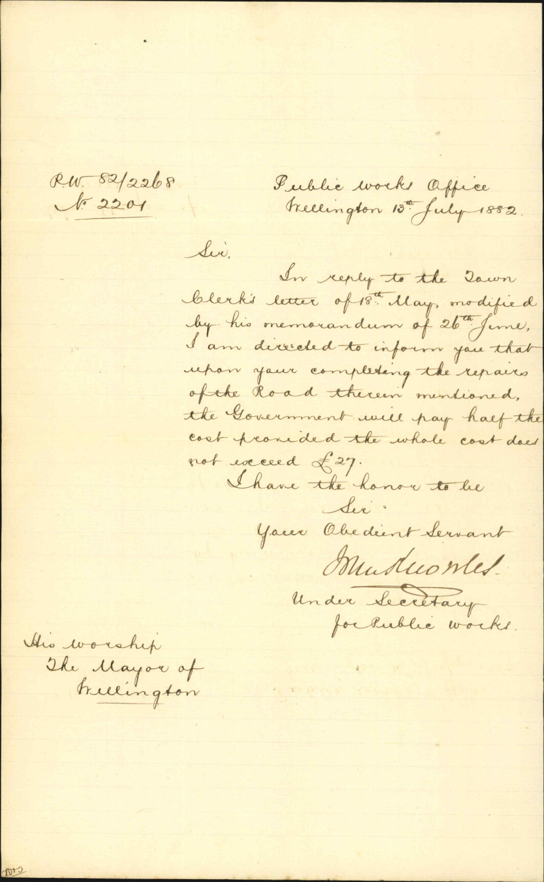 Consenting to pay part of cost of road to hospital and lunatic asylum - Public Works Department