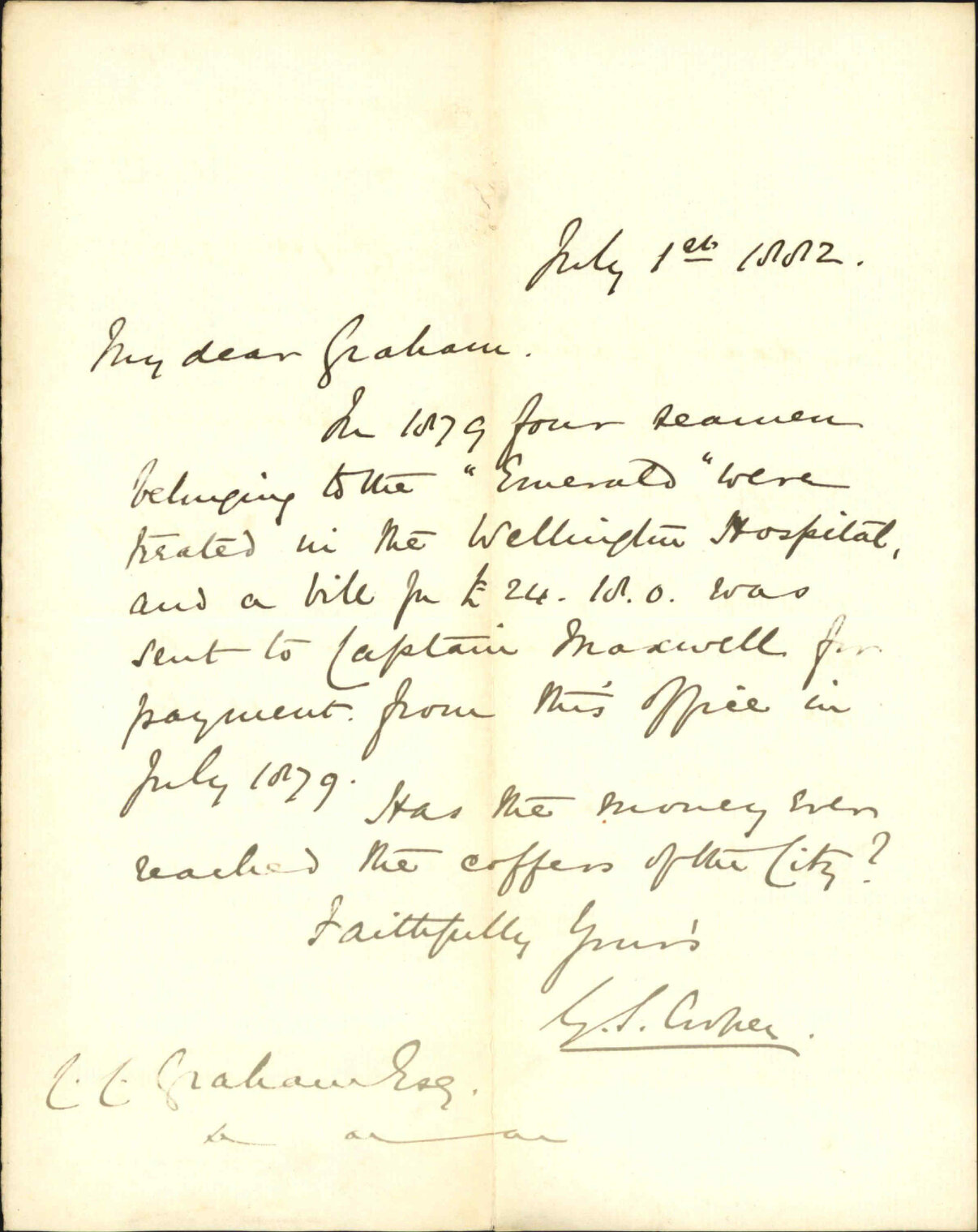 Payment of hospital charges, seaman of 'Emerald' - Colonial Secretary
