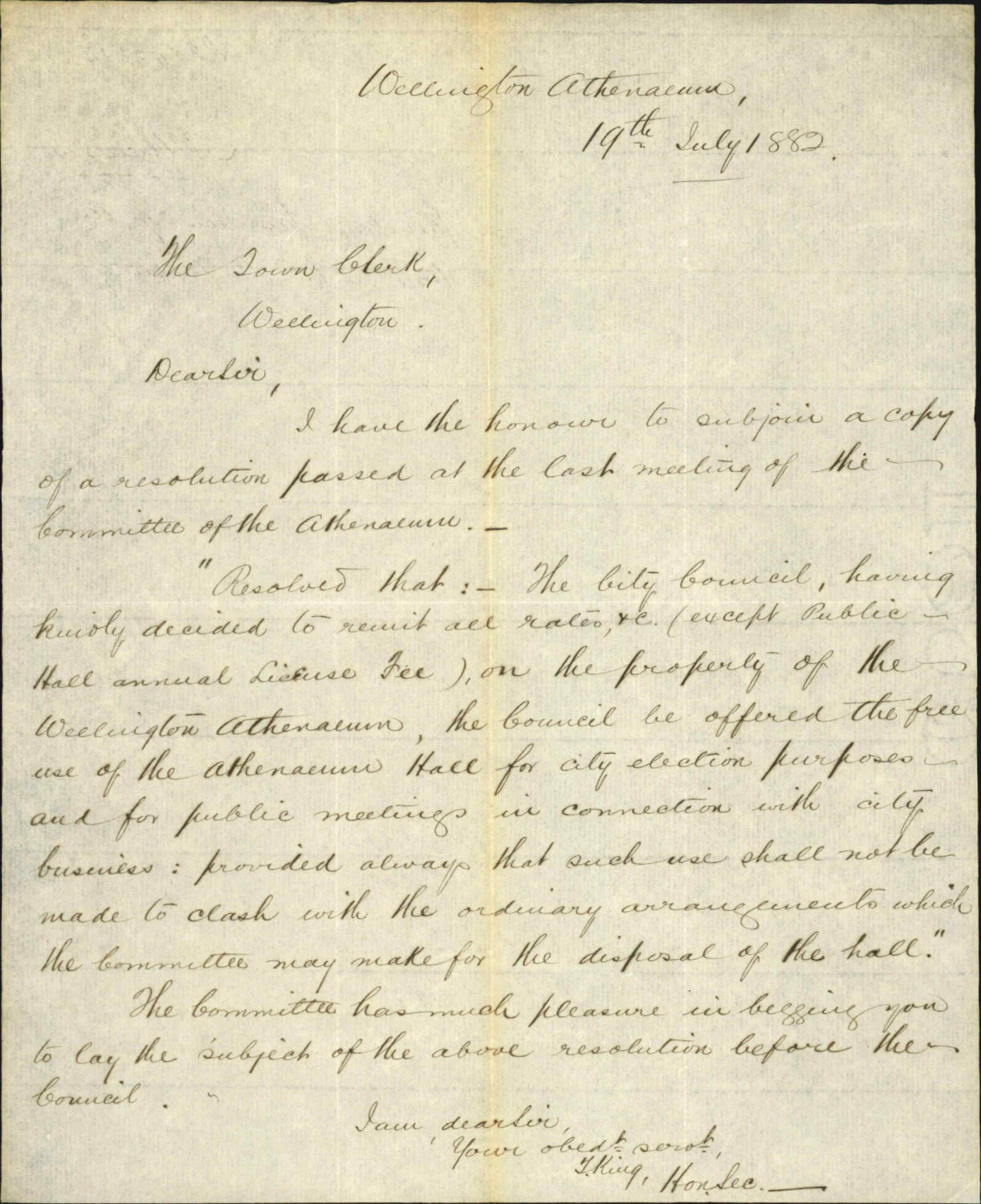 granting free use of the hall to the Corporation - Wellington Athenaeum